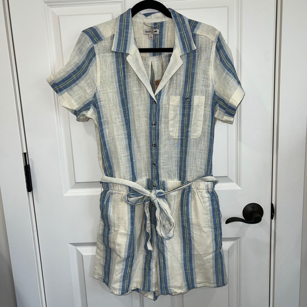 NWT Toad &Co Camp Cove Short Sleeve Cotton‎ Romper Salt Trio Stripe Size Large